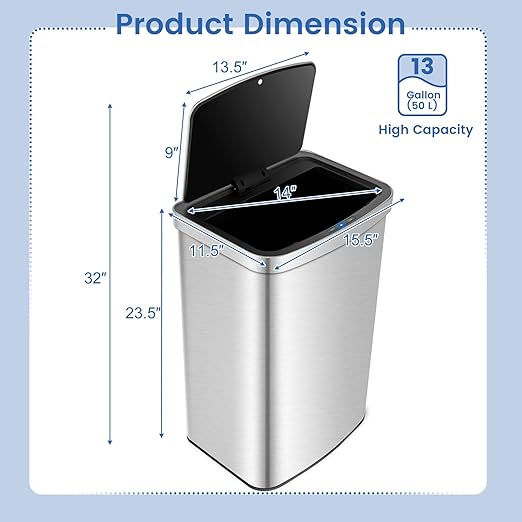 S AFSTAR Automatic Trash Can, 13 Gallons Stainless Steel Garbage Can Trash Bin with Quick & Soft Close Lid, Deodorizer Compartment, Touchless Motion Sensor Trash Can for Kitchen Bathroom Office