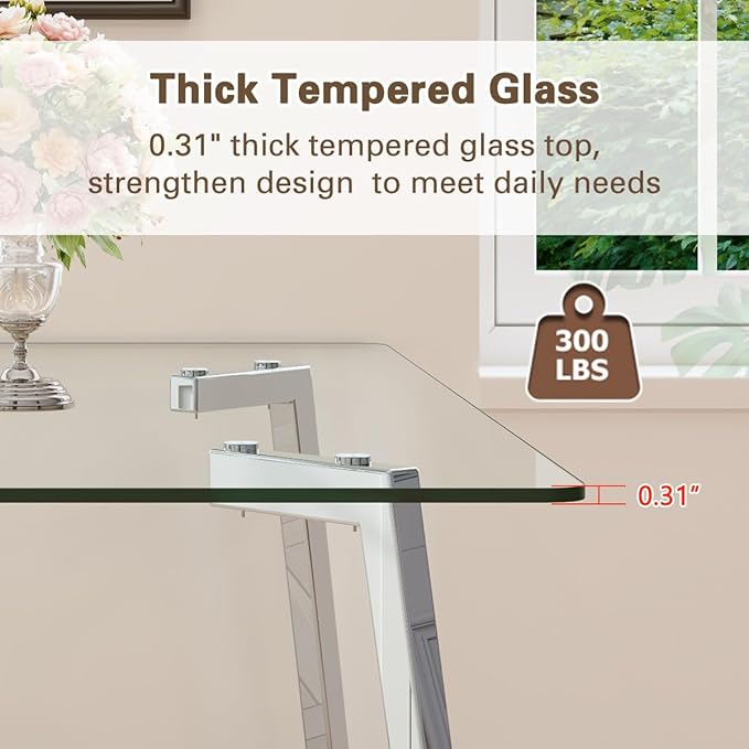 Glass Dining Table Set for 4,Rectangle Dinner Table with 4 Grey Leather Kitchen Chairs,51 in Kitchen Room Dining Set,0.31” Tempered Glass Table Top with Silver Metal Legs,4 Dining Chairs Set