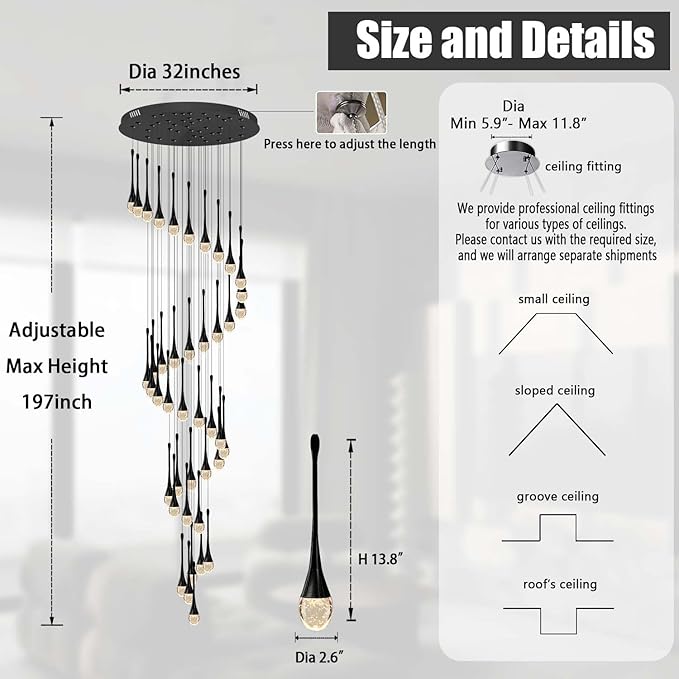 Staircase Chandelier 42-Lights Crystal Ceiling Lights Adjustable Length 197inches Large Chandeliers for High Ceilings, Entryway Lighting Fixture Black