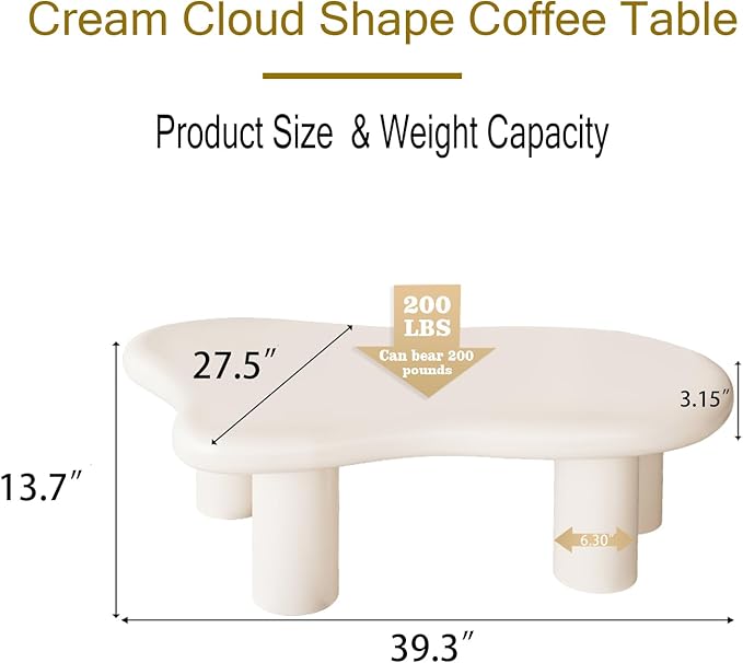 40 Inch Cloud Shaped Coffee Table for Living Room Beige