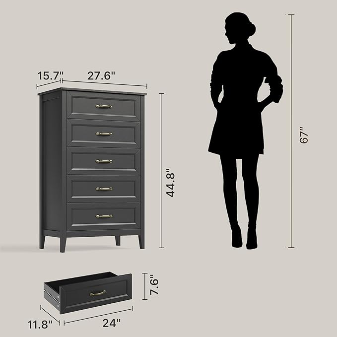 Gizoon 5 Drawer Dresser, 44.8" H Dresser for Bedroom, Wood Chest of Drawers, Storage Cabinet, Smooth Rail, Metal Handles, Anti-tip Device, for Living Room, Hallway, Black