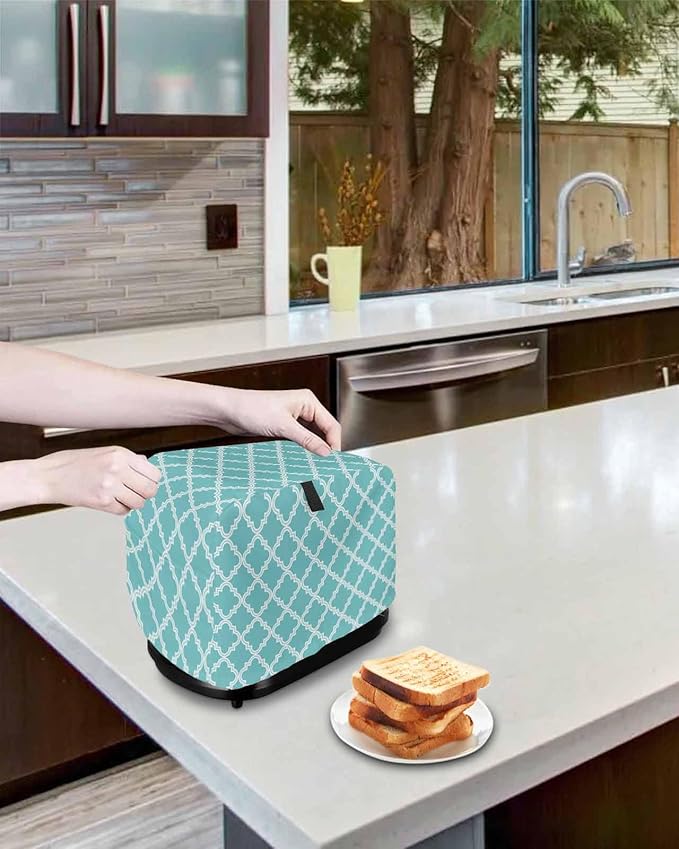 Toaster Cover 2 Slice Moroccan Pattern Toaster Oven Cover with Pockets Geometric Trellis Cyan Blue Dustproof Bakeware Protector Small Kitchen Appliance Dust Covers and Fingerprint Protection for Women
