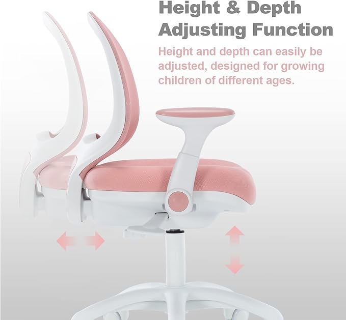 Kids Desk Chair, Boy's Girl's Child Children Study Office Computer Chair, Ergonomic Design, Adjustable Height and Seat Depth (Grey) (Peach Pink W/Armrests and Footrest)