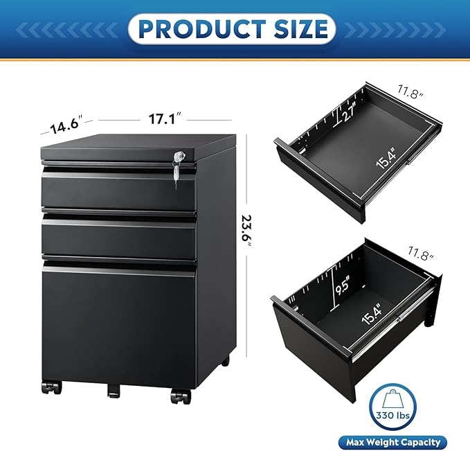 DEVAISE 3 Drawer Mobile File Cabinet with Lock, Under Desk Metal Filing Cabinet for Home Office/Legal/Letter/A4 File, Fully Assembled Except Wheels, Black