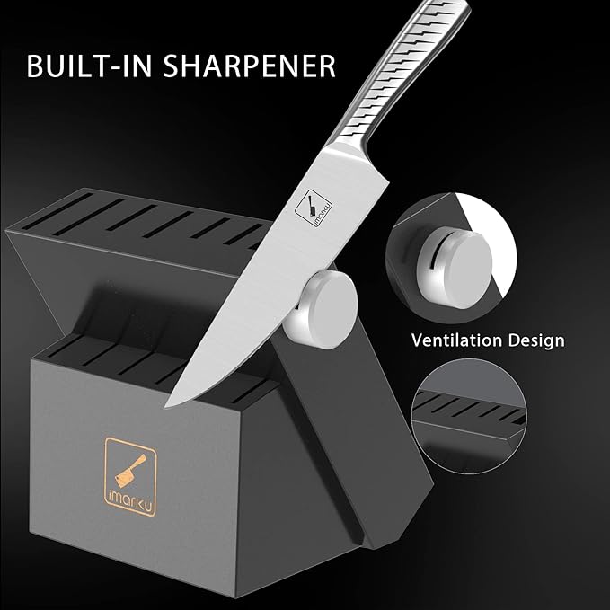 imarku Knife Set, 14PCS Knife Sets for kitchen with block, One-Piece Kitchen Knife Set with Built-in Sharpener, Stainless Steel Chef Knife Set with Lightning Stripes Handle, Dishwasher Safe(Black)