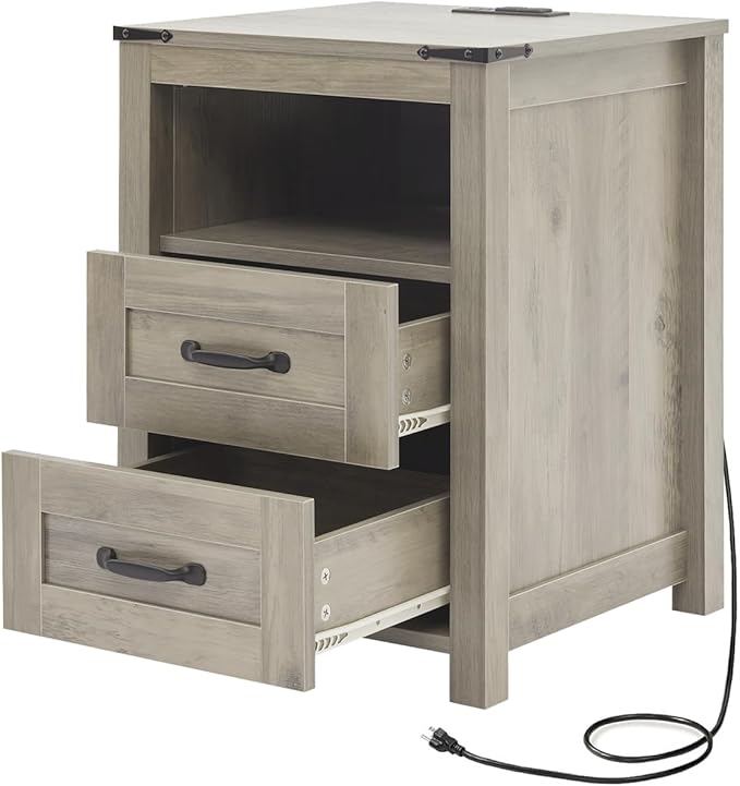 Farmhouse Nightstand with Charging Station & Drawers, Grey Wood Bedside Table, End Table with 2 Storage Drawers & USB Ports for Bedroom, Dorm，Grey