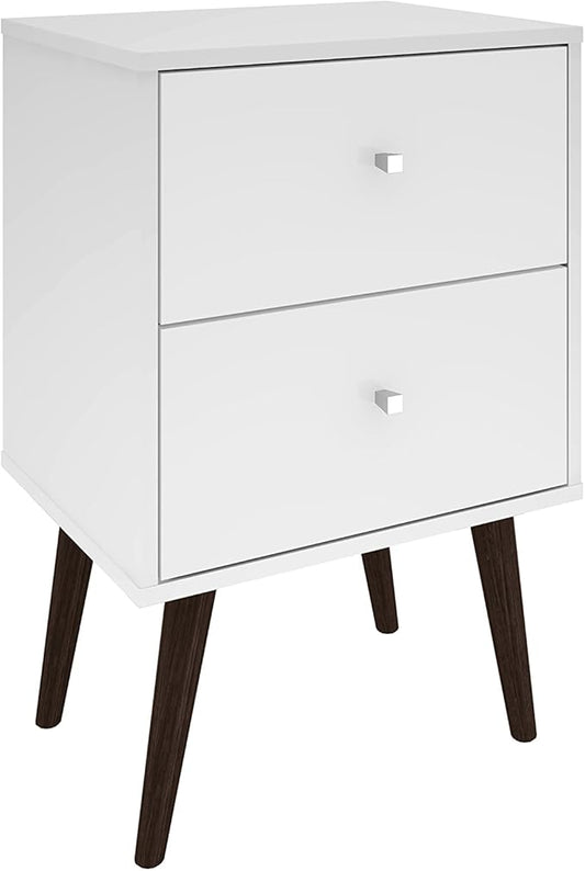 Manhattan Comfort Liberty Mid Century Modern Nightstand with Drawers, Bedside Table for Bedroom and Living Room, Night Stand Accent Decor, Easy Assembly, White