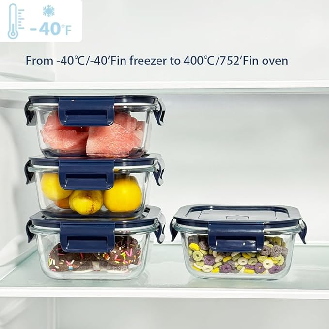Square Glass Food Storage Containers With Lids，2 Cup Square Glass Containers With Lids, Small Food Containers, 16 oz Leak-proof lunch Bowls, Dishwasher Microwave Freezer Safe -(Dark Blue)