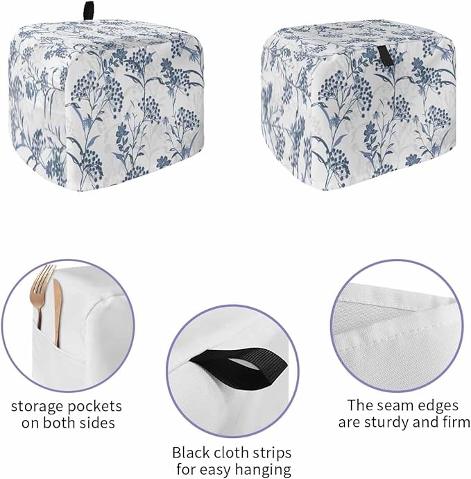 Toaster Cover 4 Slice Blue Leaves Toaster Oven Cover with Pockets Fruit Floral Plant Dustproof Bakeware Protector Small Kitchen Appliance Dust Covers and Fingerprint Protection for Women