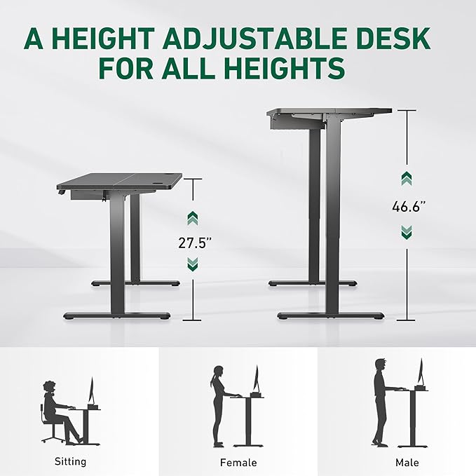 FEZIBO 48 x 24 Inches Standing Desk with Drawer, Adjustable Height Electric Stand up Desk with Storage, Sit Stand Home Office Desk, Ergonomic Computer Desk, Black