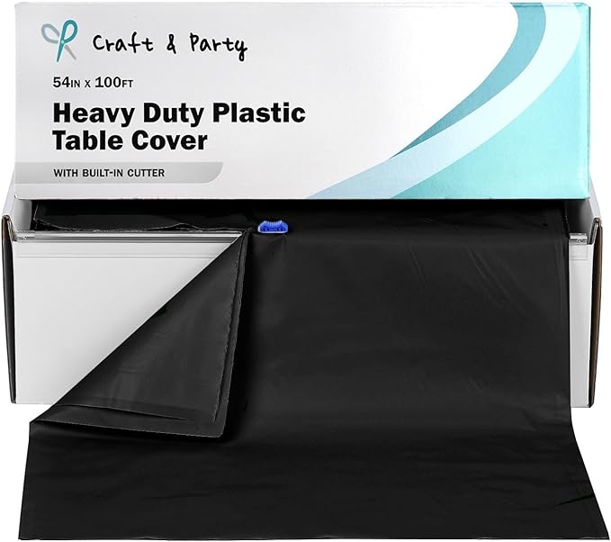 Craft And Party, 54 in x 100 feet Plastic Table Cover Roll for Party, Banquet, Picnic, Kids Activities for Any Size and Shape Table (Black, 54" x 100ft)