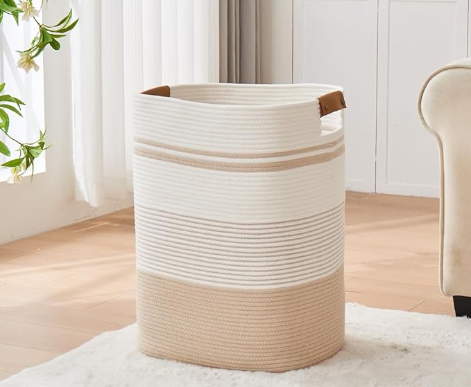 Laundry Basket with Handles - Blanket Basket & Hampers for Bedroom Aesthetic, Laundry Hamper & Blanket Storage for Living Room, Clothes Hamper, Tall, Large 17" x 14" x 22”, Off-white
