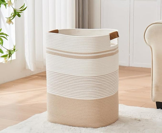 Laundry Basket with Handles - Blanket Basket & Hampers for Bedroom Aesthetic, Laundry Hamper & Blanket Storage for Living Room, Clothes Hamper, Tall, Large 17" x 14" x 22”, Off-white
