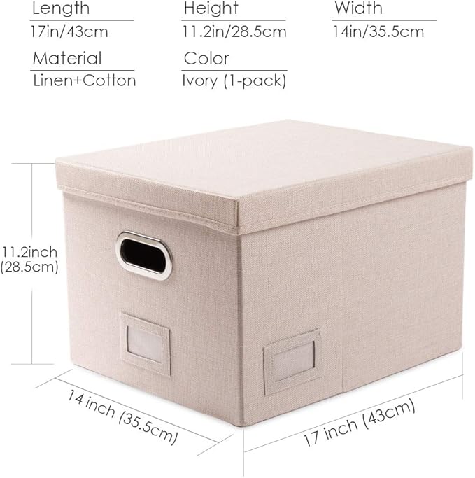 PRANDOM File Organizer Box - Set of 1 Collapsible Decorative Linen Filing Storage Hanging File Folders with Lids Office Cabinet Letter/Legal Size Light Grey (17x14x11.2 inch)