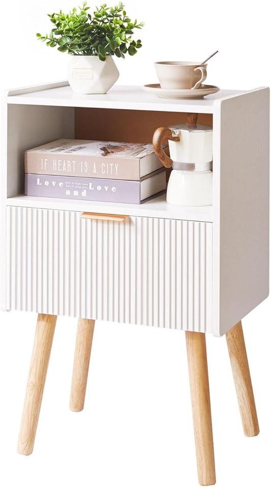 Nightstand with Storage Drawer, Modern Bedside Table with Liner Drawer and Solid Wood Legs, Small End Table with 2-Tier Storage, White YD-TM061W