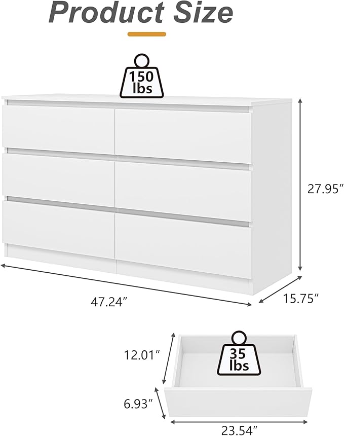 White Dresser for Bedroom,Modern Large 6 Drawer Dresser with Deep Drawer,Wide Storage Chest of Drawers,Wood Bedroom Storage Organizer Furniture for Closet