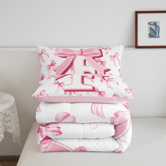 jejeloiu Kids Girls Cute Pink Bow Comforter Set Twin Size Monogrammed Bedding Set Ultra Soft Personalized Initial F Duvet Quilt Coquette Bow Knot Quilt Set Room Decor Modern Fashion Comforter