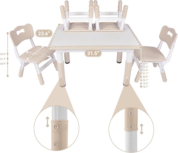 Height-Adjustable Kids Table and 4 Chairs Set, Toddler Table and Chair Set with Graffiti Desktop, 31.5''L x 23.6''W Children Activity Table for Daycare, Classroom, Home