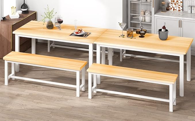 Lamerge Kitchen Table Set with 2 Benches 4 Person Dining Room Table Set for Home Kitchen, Dining Room, Restaurant, Space Saving, 47.2inch Table and 41.3inch Bench, Beige