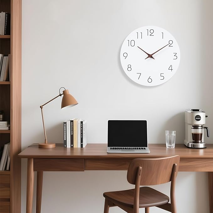 Mosewa Wall Clock 14 Inch White Silent Non Ticking Battery Operated Simple Minimalist Wooden Clock Decorative for Kitchen Bathroom Home Bedroom Living Room Office