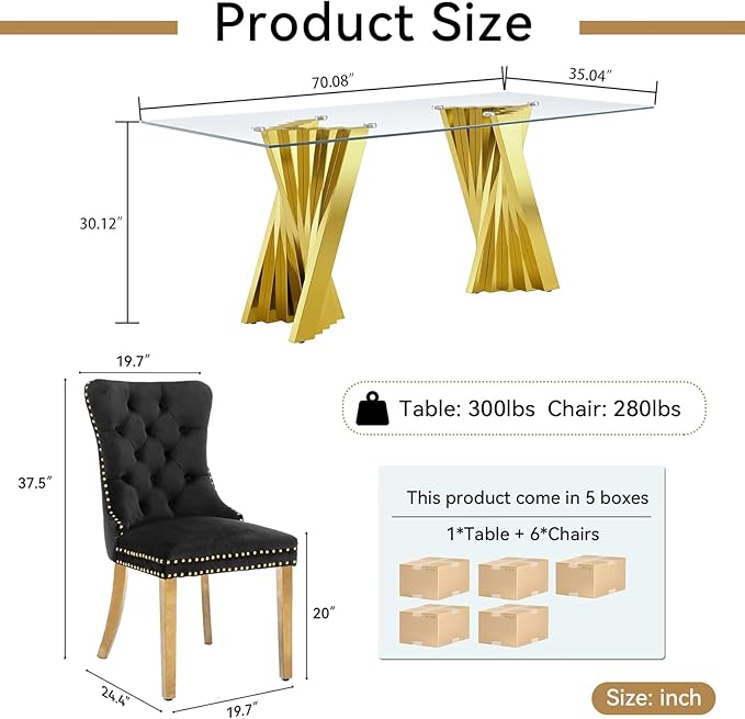 7 Piece Dining Table Set with 6 Black Dining Chairs, Modern Glass Kitchen Table and Chairs Set for 6, 70" Rectangle Gold Glass Pedestal Dining Room Tables with Flash-Shape Stainless Steel Base
