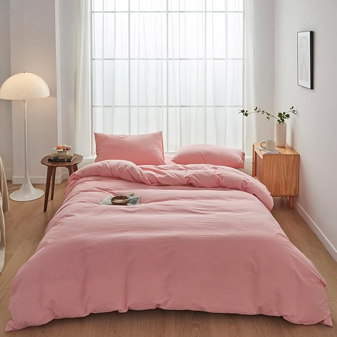 FACE TWO FACE Bedding Duvet Cover Set100% Washed Cotton Duvet Cover Linen Like Textured Breathable Durable Soft Comfy (Twin, Light Pink)