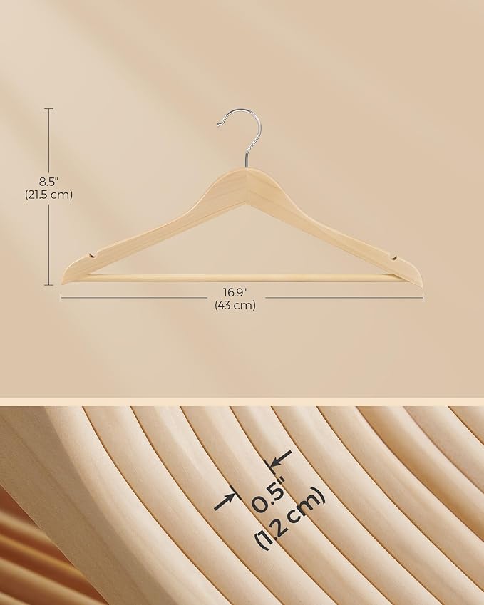 SONGMICS Wooden Hangers, Pack of 24, Coat Hangers, Non-Slip, Pants Bar, 360° Swivel Hooks, for Jackets, Shirts, Coats, Natural Beige UCRW010N24