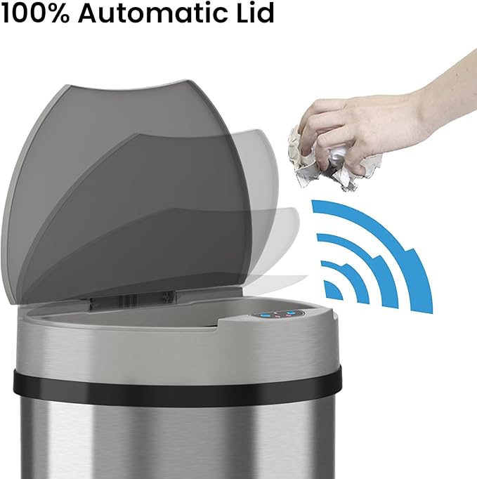 iTouchless 13 Gallon Kitchen Trash Can with Odor Control System, Stainless Steel Extra-Wide Opening Touchless Automatic Garbage Bin, Brshed Silver, Semi Round, Sensor