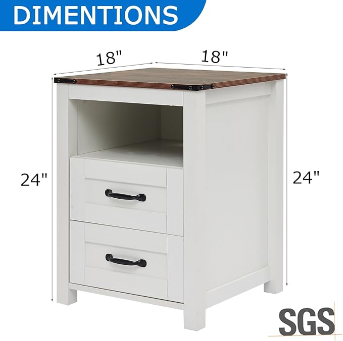 Farmhouse Nightstand Set of 2 with 2 Storage Drawers, Brown Wood Bedside Table, Sturdy End Table with Shelf for Bedroom, Dorm, Living Room, Brown
