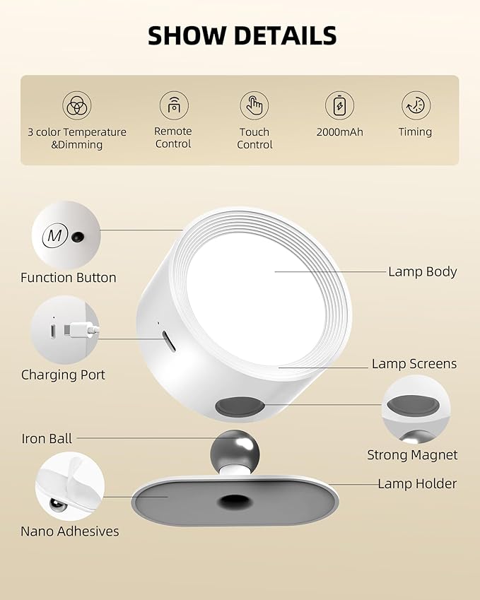 LED Wall Mounted Lights, Rechargeable Wall Sconces Lamp, 3 Color Temps & Remote and Touch, 360°Rotation Dimmable Cordless Wall Light for Study Bedroom Reading Bedside(White, 2 Pack)