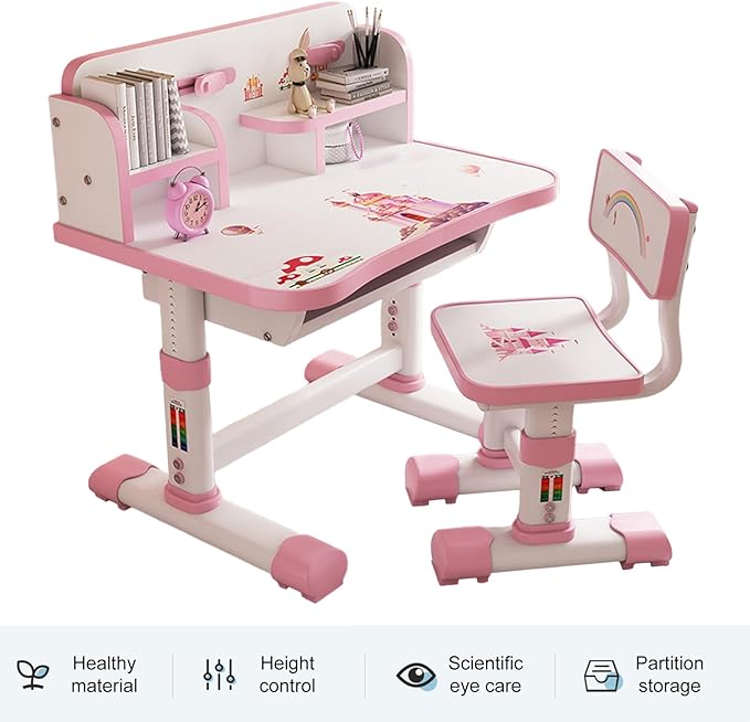 Kids Functional Desk and Chair Set, Height Adjustable Children School Study Table Chair Set with Cartoon Pattern, Ergonomic Desk Chair with Large Writing Board, Bookshelf and Book Bucket Pink