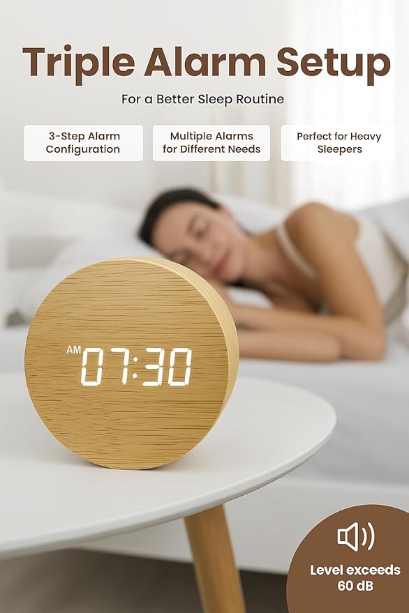 Wooden Alarm Clock Led Aesthetic Modern Alarm Digital Led Light for Desk with Large Display Elegant Aesthetic Gift (Beige)
