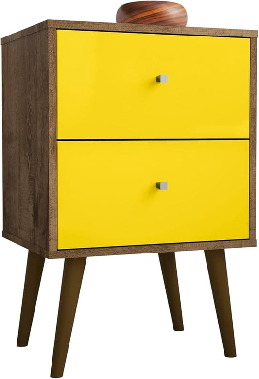 Manhattan Comfort Liberty Mid Century Modern Nightstand with Drawers, Bedside Table for Bedroom and Living Room, Night Stand Accent Decor, Easy Assembly, Brown/Yellow