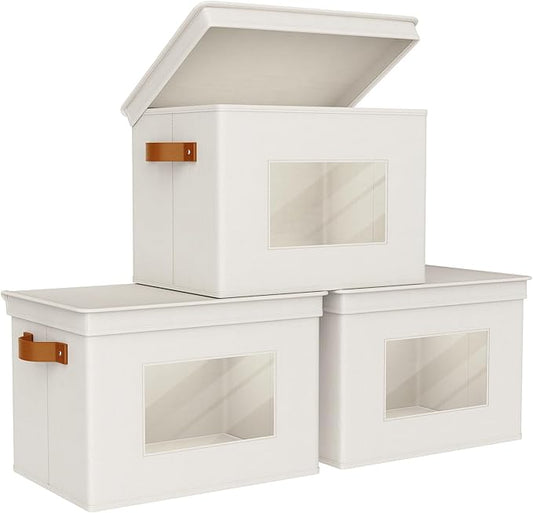 Univivi Storage Boxes with Lids Fabric Foldable Storage Bin for Clothes, [3-Pack] Closet Organizer Containers boxes with Handles for Home, Bedroom, Closet Storage (Beige,17” x 12” x 12")