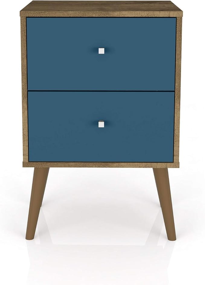 Manhattan Comfort Liberty Mid Century Modern Nightstand with Drawers, Bedside Table for Bedroom and Living Room, Night Stand Accent Decor, Easy Assembly, Rustic Brown/Aqua Blue