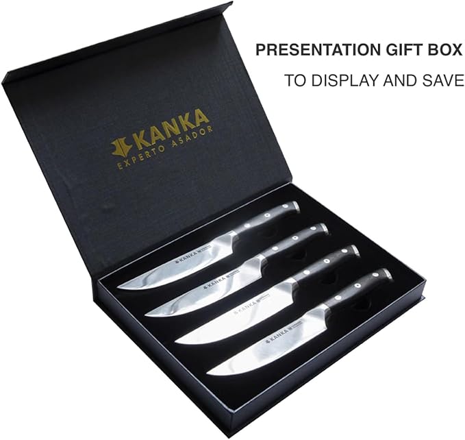 KANKA Steak Knives Set of 4 – German Stainless Steel Knife Set with 5" Blades & G10 Fiberglass Handle – Dishwasher Safe – Premium Steak Knife Gift Box