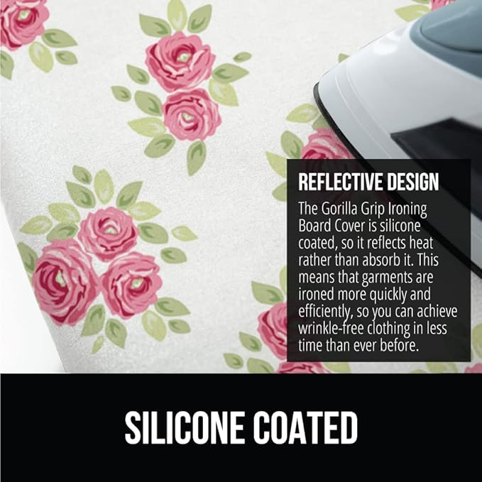 The Original GORILLA GRIP Ironing Board Cover and Pad, Silicone Coating, Thick Scorch Resistant Padding, Heavy Duty Iron Covers Standard Boards, Hook and Loop Fastener Strap, Pink Floral, 15x54