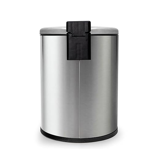 ACENTO 1.3 Gal Round Trash Can with Lid – Stainless Steel Small Trashcan with Soft Close Pedal & Removable Liner – Compact Waste Bin for Bathroom, Bedroom, Dorm, Office – Brushed Stainless Steel