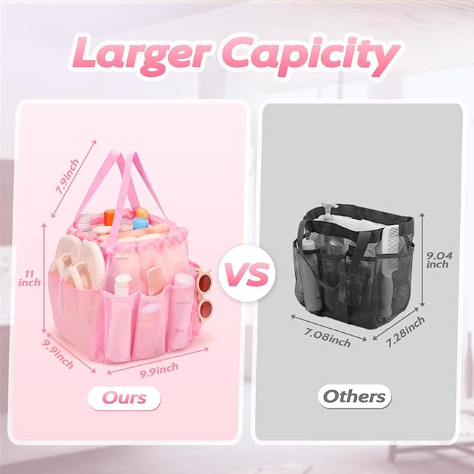 Mesh Shower Caddy Portable with Drawstring, Dorm Room Essentials for College Students Girls, Large Shower Bag for Camping,Swimming,Gym,Travel,Bathroom - Pink