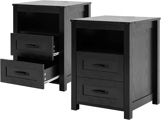 Farmhouse Nightstand Set of 2 with 2 Storage Drawers, Black Wood Bedside Table, Sturdy End Table with Shelf for Bedroom, Dorm, Living Room, Black