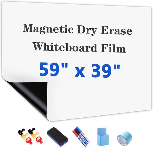 Magnetic Dry Erase Whiteboard Paper with Adhesive, 59" x 39" White Board Film for Wall, Easy to Write and Clean Dry Erase Board for Office, Classroom, Home, Include Marker, Magnetic Eraser and Magnets