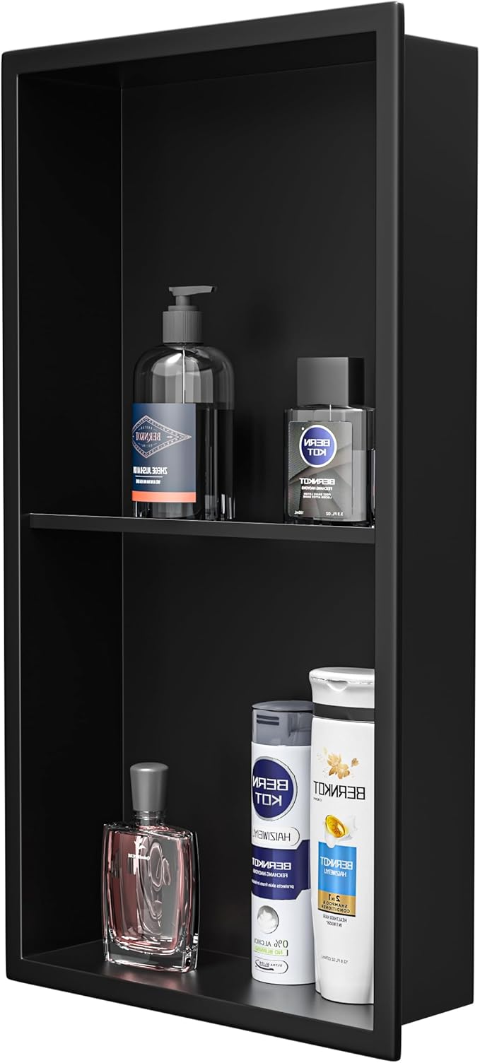 Stainless Steel Shower Niche 24" X 12" Matte Black No Tile Needed Vertical Niche Shower with Two- Tier Shelves Recessed Wall Niches for Bathroom Storage Over Mount Installation
