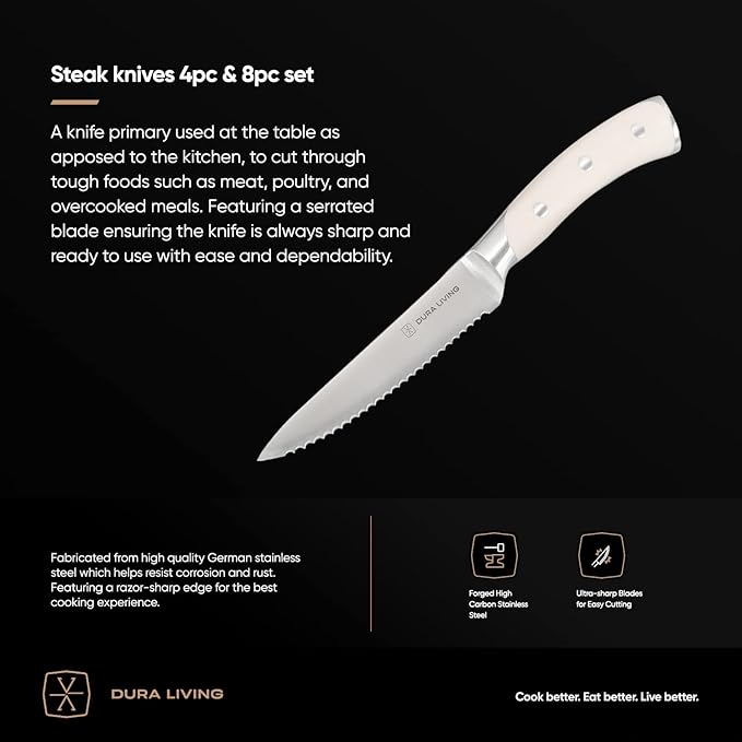 4-Piece Serrated Kitchen Steak Knife Set – Forged High Carbon Stainless Steel, Ultra Sharp, Ergonomic Black Handles, Durable Dinner Knives, Cream Handle