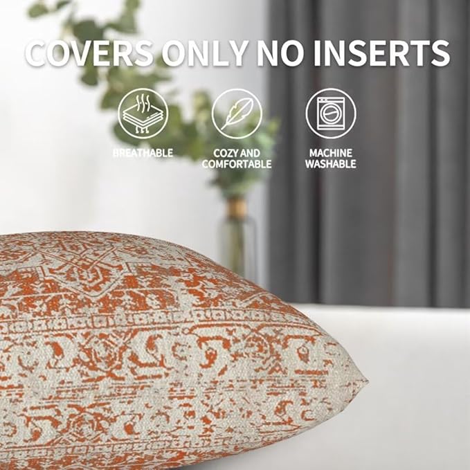 Fall Pillow Covers 16x16 Set of 2, Burnt Orange Boho Decorative Throw Pillows Ethnic Vintage Farmhouse Bohemian Carpet Pattern Pillow Cases Linen Gifts for Couch Sofa Outdoor Decor