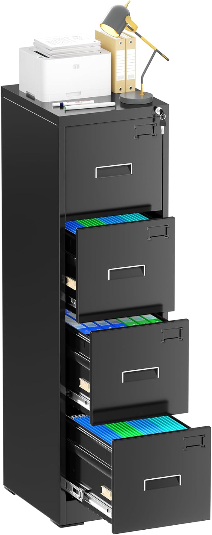 Bonusall Vertical File Cabinet with Lock, 4 Drawer Locking Vertical Filing Cabinet for Legal/Letter Size, Metal Horizontal File Organizer with Hanging Rack for Home Office, Heavy Duty, Black