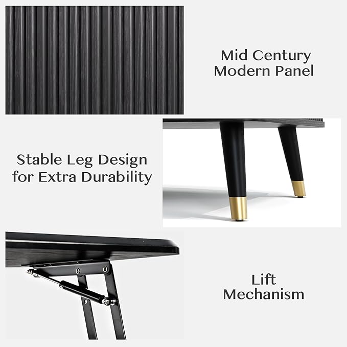 Lift Top Coffee Table with Storage,Mid Century Modern Coffee Table,Fluted Wood Rectangle Center Table for Living Room,Home Office,Black