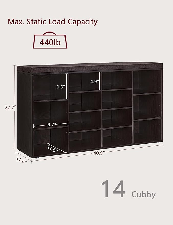 DINZI LVJ Shoe Storage Bench with Cushion, 14-Cubby Shoe Rack, Adjustable Shelves, Multifunctional Shoe Organizer Bench for Entryway, Mudroom, Hallway, Living Room, Bedroom and Garage, Espresso