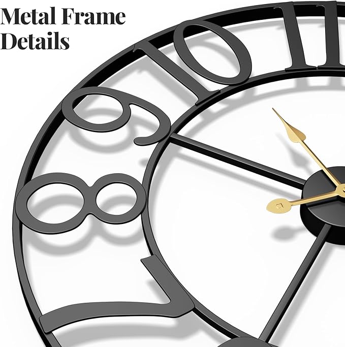 Large Wall Clock, 24 Inch Black Decorative Wall Clock for Living Room, Modern Metal Battery-Operated Arabic Numerals Round Clocks Silent Non Ticking for Kitchen Mantel Bedroom Office