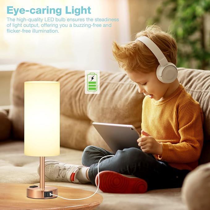 Bronze Nightstand Bedroom Lamp - 3 Way Dimmable Bedside Lamp USB C A Charging Ports and AC Outlet, Small Table Lamp White Linen Lampshade for Desk, LED Bulb Included