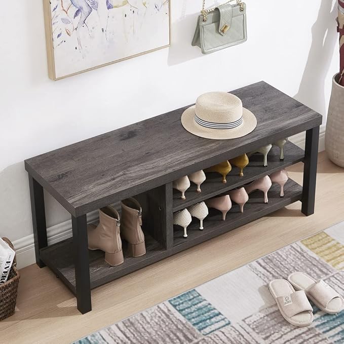 EXCEFUR Industrial Entryway Bench, Rustic Indoor Shoe Boot Storage Bench Seat for Living Room, Grey